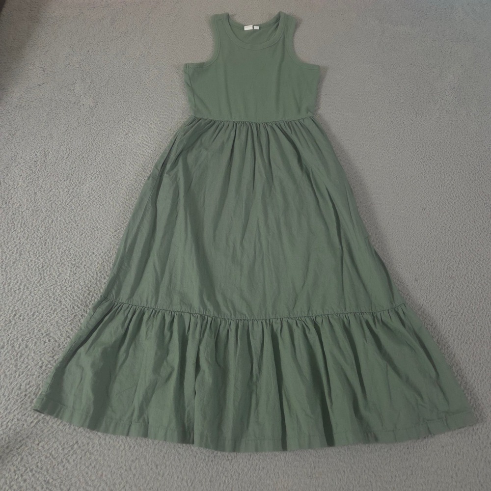 Gap Dress Womens M Sage Green Sleeveless Midi Ribbed Mixed Media Tiered Beach